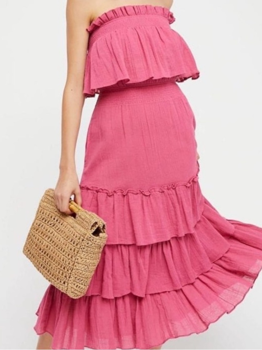 Free People Pink Ruffle Tiered Maxi Skirt & Strapless Crop Top Breeze Set XS